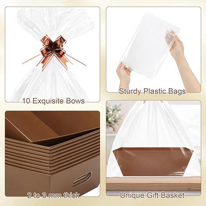 AFOROEOA 10PACK Baskets for Gifts Empty, 10x12”Thick Brown Gift Basket with Handles 10 Bows 10 Bags Empty Gift Baskets for Christmas Thanksgiving Wedding Birthday Party Wrapping Gift