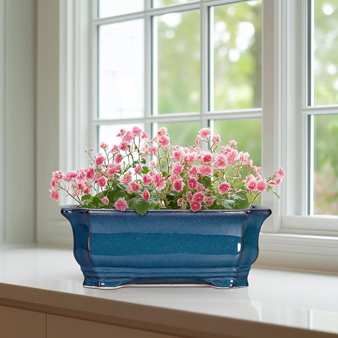 Bonsai Pots 11.6 Inch - Ceramic Succulent Pots with Drainage Hole, Rectangular Planter for Indoor Outdoor, Decorative Ceramic Flower Pot, Home Garden Room Decor, Plant Lover Gifts, Retro Blue