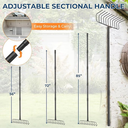 85" Adjustable Rake with 16" Wide Lightweight L-Shaped Head - No-Bend Gardening Tool for Hay, Leaves, and Mulch - Comfortable Metal Rake to Prevent Back Pain