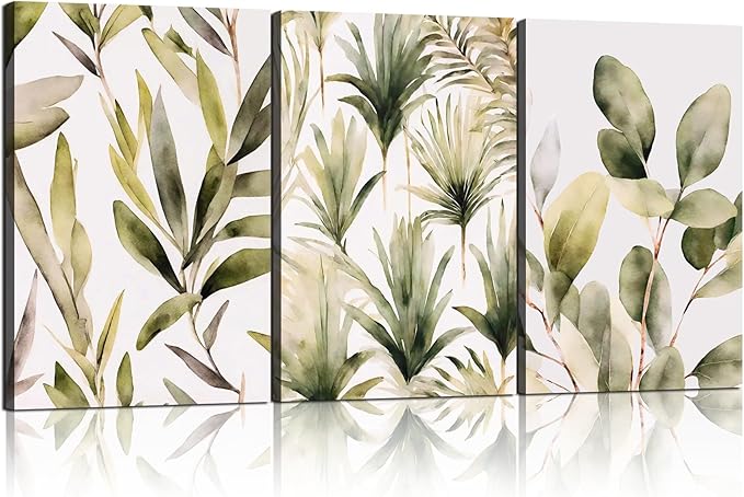 Framed Green Plant Wall Art Boho Picture Floral Canvas Painting Simple Flower Poster Print Bedroom Bathroom Living Room Wall Decor 16x24 inches x3 Ready to Hang