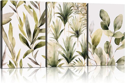 Framed Green Plant Wall Art Boho Picture Floral Canvas Painting Simple Flower Poster Print Bedroom Bathroom Living Room Wall Decor 12x16 inches x3 Ready to Hang