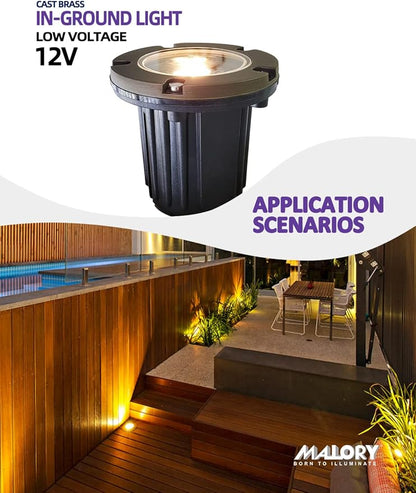 MALORY Brass Top Cover Landscape Well Lights, (4.6''H) 12V Low Voltage Outdoor In Ground Lights,Landscape Lighting for Pathway, Driveway and Garden 4-Pack with MR16 Bulb (Flat Top)