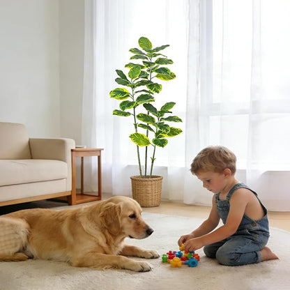 Ficus Tree Artificial Plants Indoor, 5FT Tall Fake Trees in White Pot, Large Potted Silk Floor Plant Artificial Trees, Green Lifelike Faux Ficus Tree for Home Room Office Porch Decor-Yellow