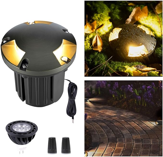 Gardenreet In Ground Well Light - Brass Low Voltage Waterproof Ip65 Outdoor Landscape Lighting, LED 12V In-Grade Turret Top Light, Antique Bronze for Walkway Patio Deck with 2700K Warm White MR16 Bulb