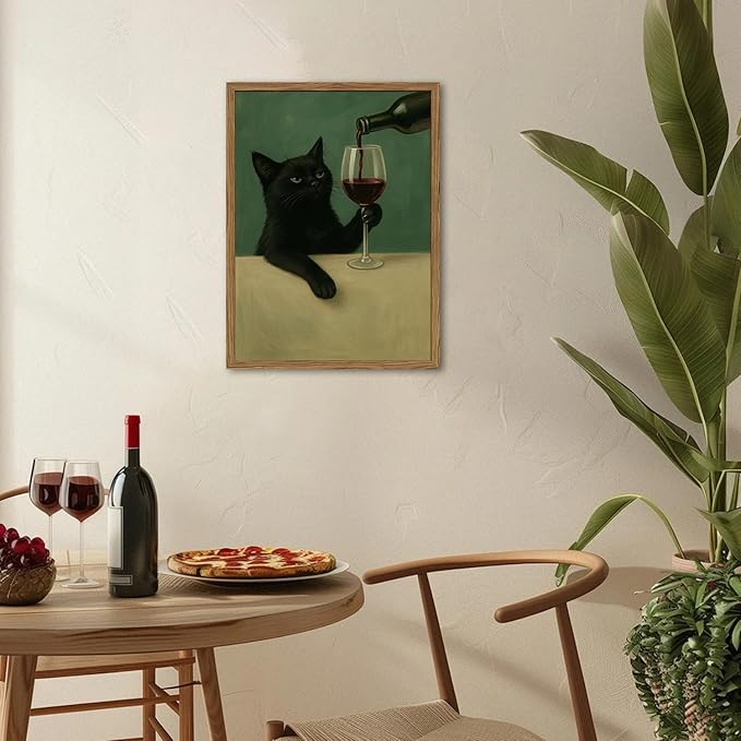 Funny Black Cat Wall Art Moody Black Cat with Wine Glass Wall Decor Whimsical Animal Bar Cart Poster Canvas Prints for Living Room Bedroom 12x16 inch Wood Framed