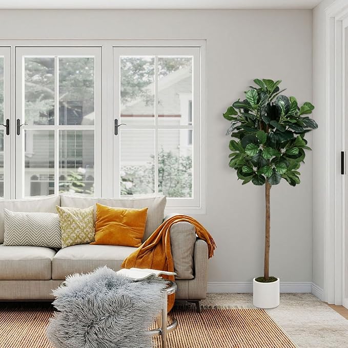 6FT Artificial Fiddle Leaf Fig Tree, Artificial Fig Tree Floor Plant with White Planter, Premium Silk Fake Plants for Living Room, Bedroom, Office, Home & Indoor Décor