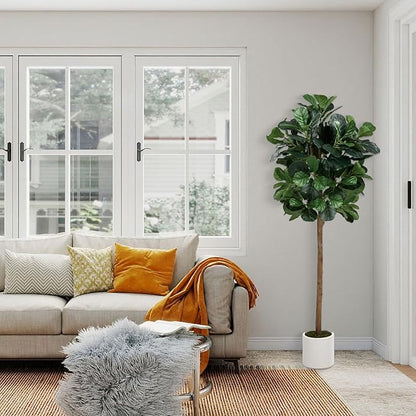 6FT Artificial Fiddle Leaf Fig Tree, Artificial Fig Tree Floor Plant with White Planter, Premium Silk Fake Plants for Living Room, Bedroom, Office, Home & Indoor Décor