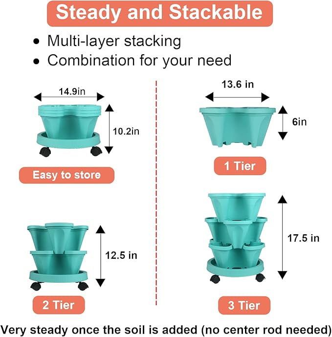 GameXcel Vertical Planter 3 Tier Stackable Planters Garden Planters Strawberry Herb Flower and Vegetable Planter Indoor Outdoor Gardening Pots with Removable Wheels and Tools