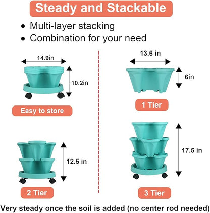GameXcel Vertical Planter 3 Tier Stackable Planters Garden Planters Strawberry Herb Flower and Vegetable Planter Indoor Outdoor Gardening Pots with Removable Wheels and Tools
