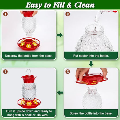 Glass Hummingbird Feeders for Outdoors Hanging Ant and Bee Proof 16OZ 2 Pack Clear Pineapple Humming Bird Feeder with 6 Feeding Ports and Ant Moat Hummingbird Gifts for Women Garden Decor