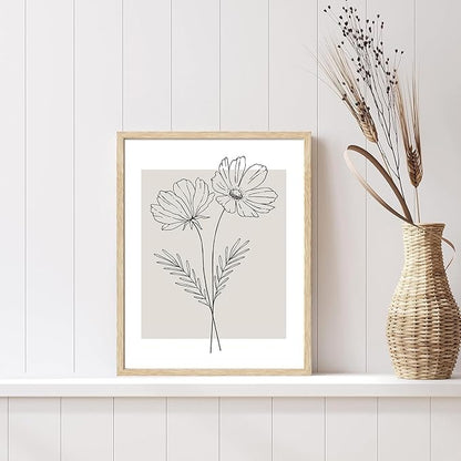 CHMMART 3 Piece Neutral Flower Framed Wall Art Beige Minimalist Floral Canvas Art Prints Boho Botanical Line Pictures Wall Decor Artwork Painting for Living Room Bedroom Office 12x16in