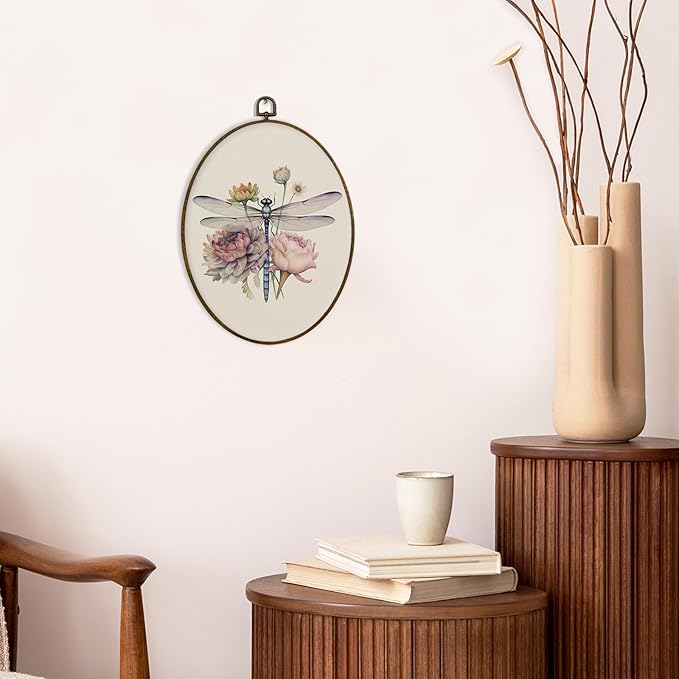 MAQIKA Dragonfly Flower Oval Framed Wall Art Decor, Dragonfly Wall Art, Boho Botanical oval Wall Oval Decor, Vintage Dragonflies Canvas Prints Wall Art for Farmhouse Wall Bedroom,8.7x11.3 Inch
