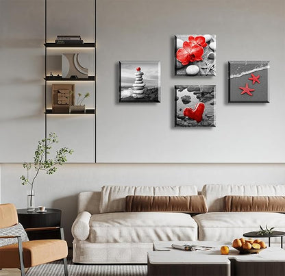 Red Beach Coastal Wall Art Ocean Seascape Painting Prints for Bathroom Decor Zen Ocean Scenery Pictures for Living Room Bedroom Decoration Framed Artwork Ready to Hang 12x12 Inch
