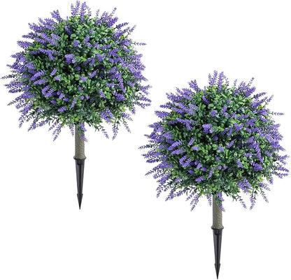 23 Inch Artificial Lavender Topiary Balls Tree, UV Resistant Faux Boxwood Trees with Ground Spike, Perfect for Indoor & Outdoor Garden, Porch, Front Door, and Home Décor, Set of 2