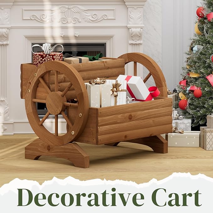 Garden Planter with Wheels, Wooden Wagon Box, Decorative Planter for Flowers Herbs Vegetables for Indoor & Outdoor Décor Flower Cart for Patio Garden Balcony (Brown)