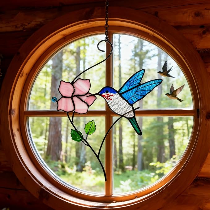 Stained Glass Window Hanging, Handcrafted Hummingbird with Flower Stained Glass Suncatcher for Home Indoor Window Art Decor,Hummingbird Gifts for Women,Mom,Bird Lovers
