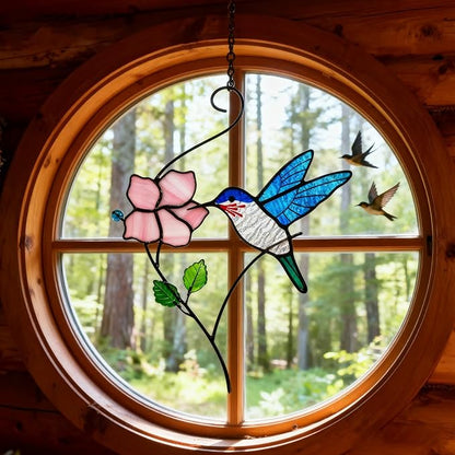 Stained Glass Window Hanging, Handcrafted Hummingbird with Flower Stained Glass Suncatcher for Home Indoor Window Art Decor,Hummingbird Gifts for Women,Mom,Bird Lovers