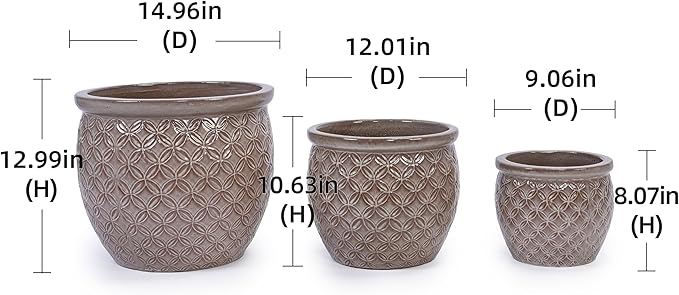 Set of 3 Ceramic Flower Pots, 9+12+15 Inches Modern Planters for Indoor Outdoor, Garden Patio Windowsill Decor with Drainage Hole-Antique Yellow