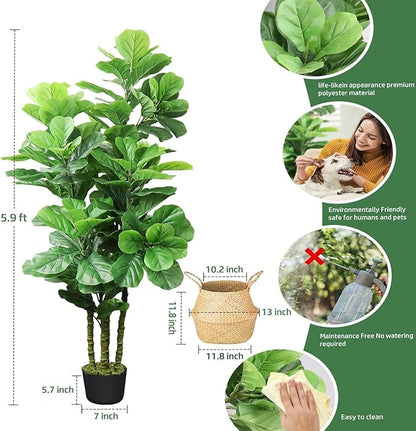 ROOMTEC Artificial Fiddle Leaf Fig Tree,6 FT Tall Artificial Tree with Woven Seagrass Plant Basket Fake Floor Plant in Pot for Home Decor Living Room Indoor Outdoor Office Bedroom Decor
