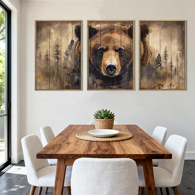 ANHUIB Brown Bear Wall Art 16x24 Inch Forest Paintings Rustic Wildlife Wall Decor Set of 3 for Living Room Bedroom Dining Room