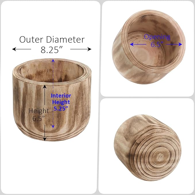 CYS EXCEL 8.25'' Burnt Finish Cylinder Planter Lightweight Natural Wood Cachepot for Indoor Plants, Succulents, Herbs, Home & Office Decor