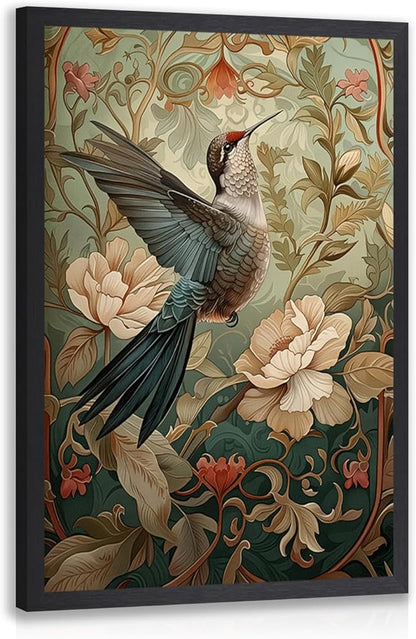 CAZLOUC Vintage Hummingbird Wall Art, William Morris Flower Wall Decor, Nature Floral Aesthetic Picture, Neutral Botanical Canvas Print for Living Room Bedroom Bathroom Office Wood Framed 8x10 Inch