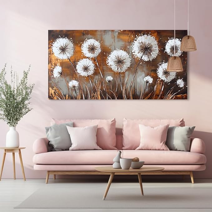 Dandelion Flower Wall Art Canvas Countryside Flower Field Pictures Wall Decor Wildflower Pictures Dandelions Painting White Bloosom Artwork Modern Landscape for Farmhouse Bathroom Living Room Bedroom Office (24x48 Inches)