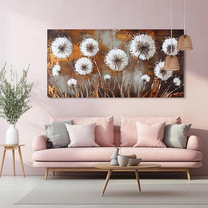 Dandelion Flower Wall Art Canvas Countryside Flower Field Pictures Wall Decor Wildflower Pictures Dandelions Painting White Bloosom Artwork Modern Landscape for Farmhouse Bathroom Living Room Bedroom Office (24x48 Inches)