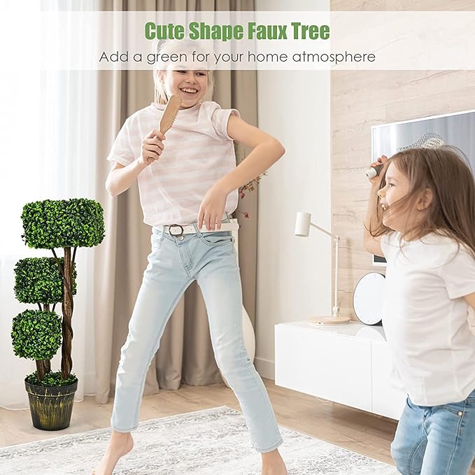 Goplus 36” 2 Pack Artificial Triple Square Shaped Boxwood Topiary Tree W/Cement-Filled Plastic Pot, Fake Plant Faux Greenery Plant Indoor & Outdoor Decoration for Home Office Garden Patio Entrance