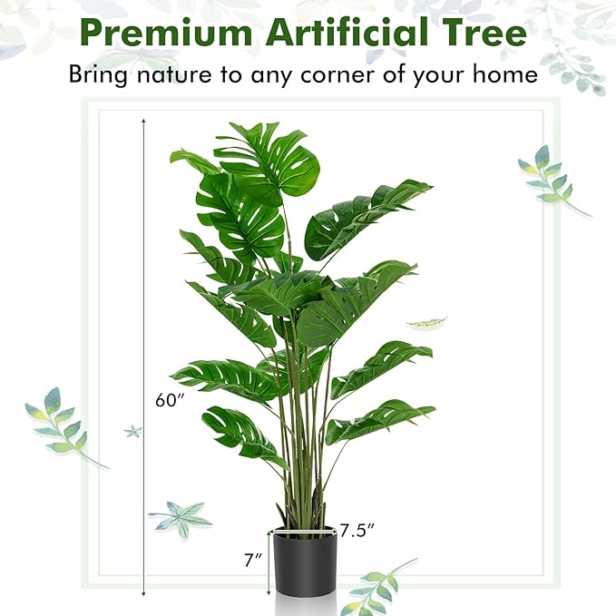 Goplus Artificial Monstera Deliciosa Plant, 5ft Tall Fake Tropical Palm Tree w/15 Pcs Different Turtle Leaves, Cement-Filled Plastic Pot, Faux Swiss Cheese Plant for Floor Home Office Decor