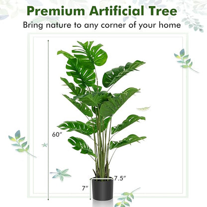 Goplus Artificial Monstera Deliciosa Plant, 5ft Tall Fake Tropical Palm Tree w/15 Pcs Different Turtle Leaves, Cement-Filled Plastic Pot, Faux Swiss Cheese Plant for Floor Home Office Decor, 2- Pack