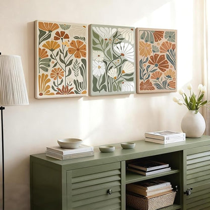 Kdyudo 3 pcs Framed Bohemian Wildflower wall art, Abstract Floral Canvas Print Green and Beige Hand-Painted Botanical Poster Modern Minimalist Style Wall Decor for Bedroom and Living Room 12x16 Inch