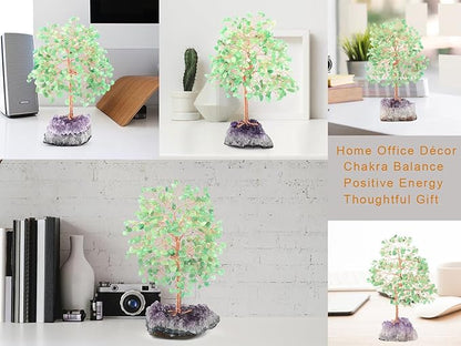 Crystal Tree of Life,Natural Green Aventurine (406 Beads Count) Amethyst Cluster Base, Positive Energy Feng Shui Gem Bonsai Money Tree Good Luck,Gift Size 8.5-9 Inches