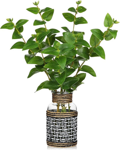 Artificial Eucalyptus Stems in Glass Vase with Faux Water, 14” Realistic Eucalyptus Leaves Fake Plant Branch Greenery Decoration for Home Farmhouse Bathroom Kitchen Wedding Centerpiece Table Décor