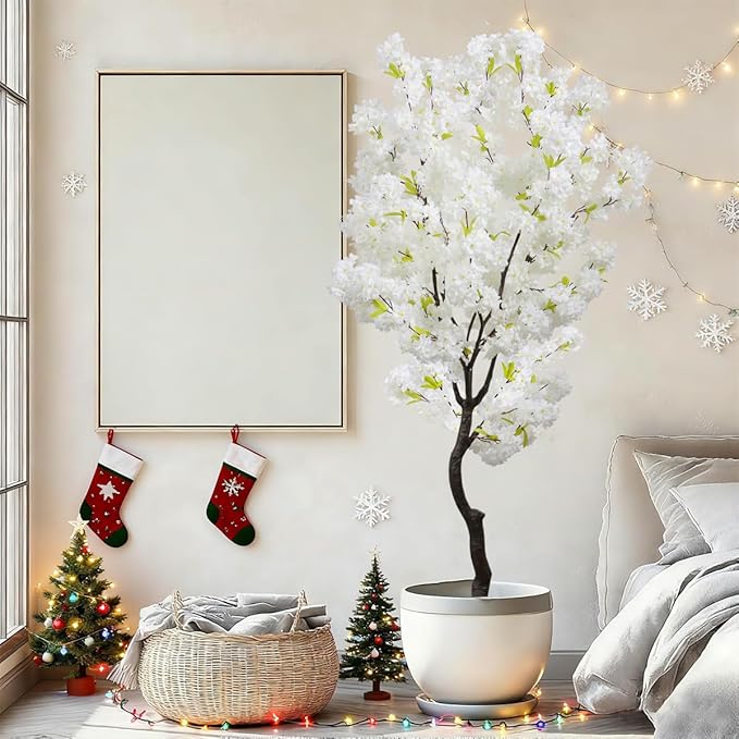 White Faux Cherry Blossoms Tree Artificial Cherry Blossom Tree Bedroom Trees for Home Christmas New Year Decor