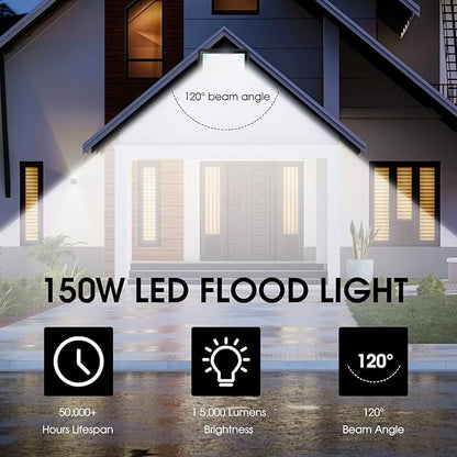150W LED Flood Light Outdoor,2 Pack 15500LM Super Bright Security Light,IP66 Waterproof Floodlight,5000K Daylight White LED Exterior for Basketball Court, Stadium, Playground