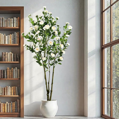 6.89ft Faux Camellia Tree, Handmade Artificial Floral Camellia Tree, Fake Pink White Blooming Flowers Green Leaves, Artificial Plants for Home Front Door Decor Indoor Outdoor Party Wedding