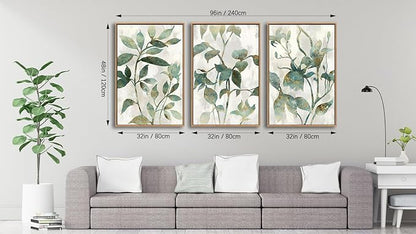 Large Framed Canvas Wall Art - Natural Float Framed Rustic Green Flowers Leaves Pictures Paintings White Grey Artwork Decor for Bedroom Living Room Kitchen Home Office Decoration 96" X 48" Set of 3