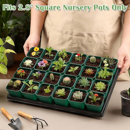 2.8 inch (7CM) Square Nursery Pots 120pcs (Green) and 24 Cell Nursery Pots Trays 5 Pack, Plastic Seedling Starter Tray with Drain Holes for Carrying and Holding Plant Pot(17"x11"x1.6")