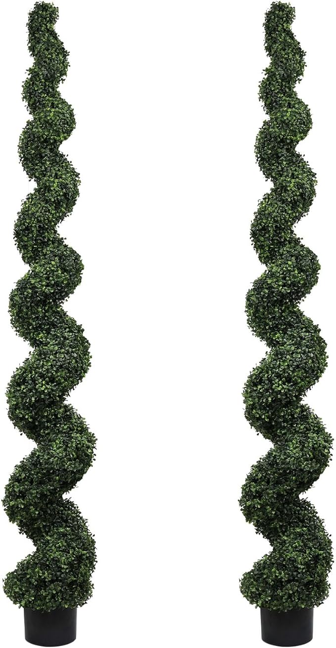 7ft Tall Artificial Spiral Topiary Trees Outdoor Set of 2, Faux Boxwood Plants for Front Porch & Indoor Home Decor, UV-Resistant 7 Foot Large Fake Plants for Patio, Garden, Entryway Decor