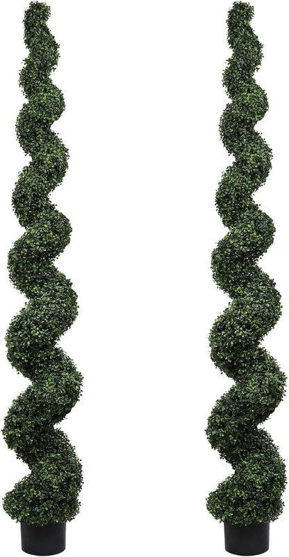 7ft Tall Artificial Spiral Topiary Trees Outdoor Set of 2, Faux Boxwood Plants for Front Porch & Indoor Home Decor, UV-Resistant 7 Foot Large Fake Plants for Patio, Garden, Entryway Decor