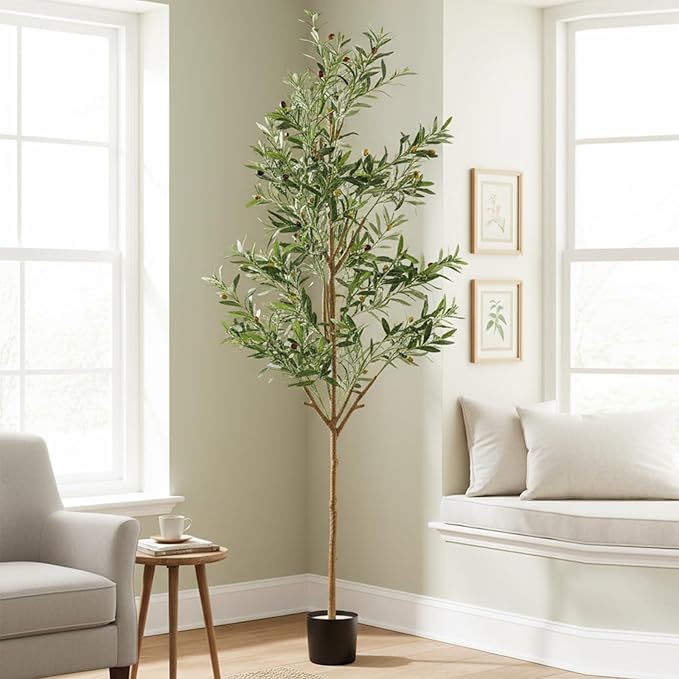 Olive Artificial Trees, 7FT Tall Faux Olive Tree for Indoor and Outdoor, Artificial Plants with Basic Planter, Lifelike Fruits and Realistic Wood Trunk for Home Office Decor