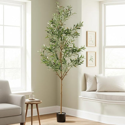 Olive Artificial Trees, 7FT Tall Faux Olive Tree for Indoor and Outdoor, Artificial Plants with Basic Planter, Lifelike Fruits and Realistic Wood Trunk for Home Office Decor