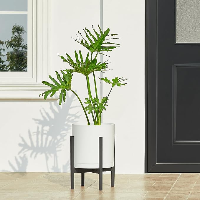 FaithLand 14-Inch Large Modern Cylinder Planter, Thick-Walled Plastic Plant Pot with Drainage Holes and Detachable Saucer, Matte White, Ideal for Indoor & Outdoor Plants Flowers