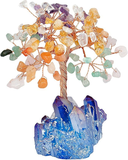 mookaitedecor Colorful Crystal Tree, Quartz Cluster Blue Titanium Crystals Base Bonsai Money Tree for Wealth and Luck