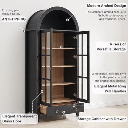71" Tall Arched Cabinet, Modern Farmhouse Wooden Display Cabinet with Drawer and Glass Doors, 6 Tier Bookshelf w/Adjustable Shelves for Living Room, Office, Black