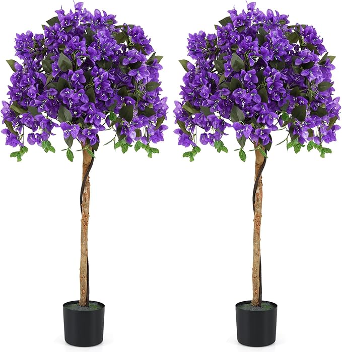 GOFLAME 53" Artificial Bougainvillea Tree, 2 Pack Faux Silk Flower Plant in Pot with 576 Flowers & 288 Leaves, Indoor Outdoor Fake Bougainvillea for Home, Office and Garden Decor, Purple