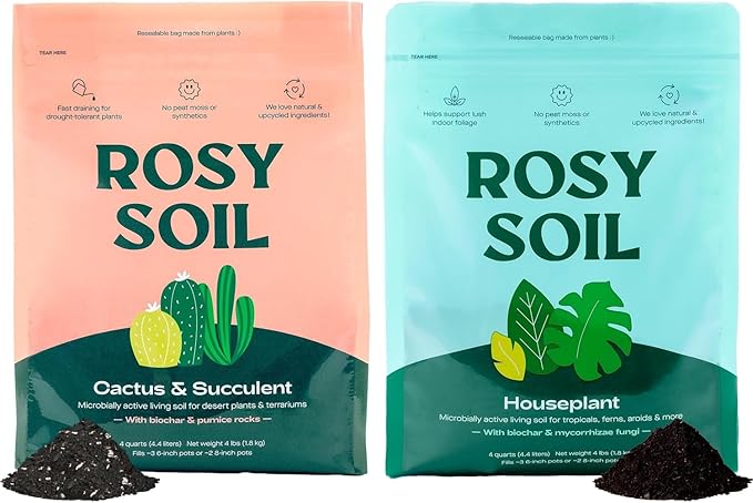 Rosy Soil Cactus & Succulent Potting Mix + Indoor Potting Soil - Peat Free House Plant Soil - Mix for Indoor Plants (4 Quarts Each)