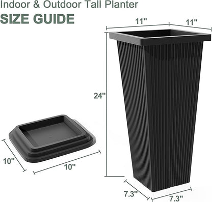 Tall Planters Set of 2, Large Indoor Outdoor Flower Pots with Tray Modern Tapered Planter for Patio, Garden, Porch, Backyard (Black Ribbed)