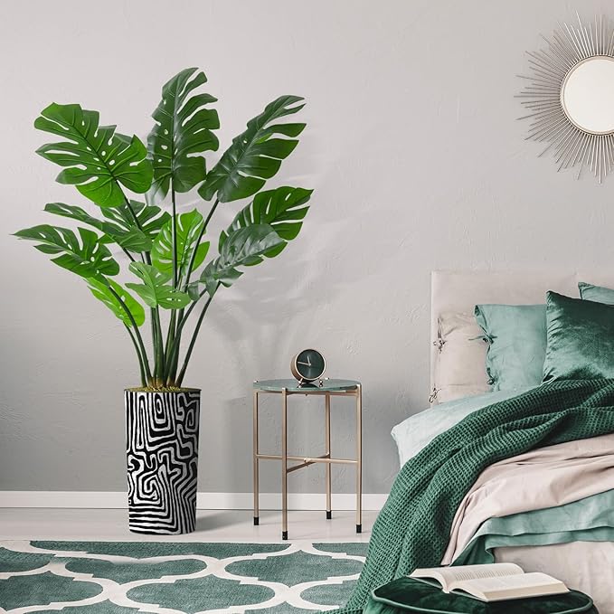 Artificial Tree in Modern Geometric Pattern Planter, Fake Monstera Silk Tree for Indoor and Outdoor Home Decoration - 65" Overall Tall (Plant Pot Plus Tree)